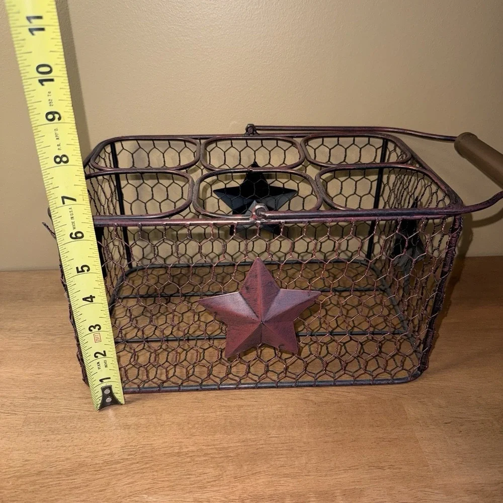 Rustic Farmhouse Chicken Wire 6 Slot Milk Crate Basket with Metal Stars Handle